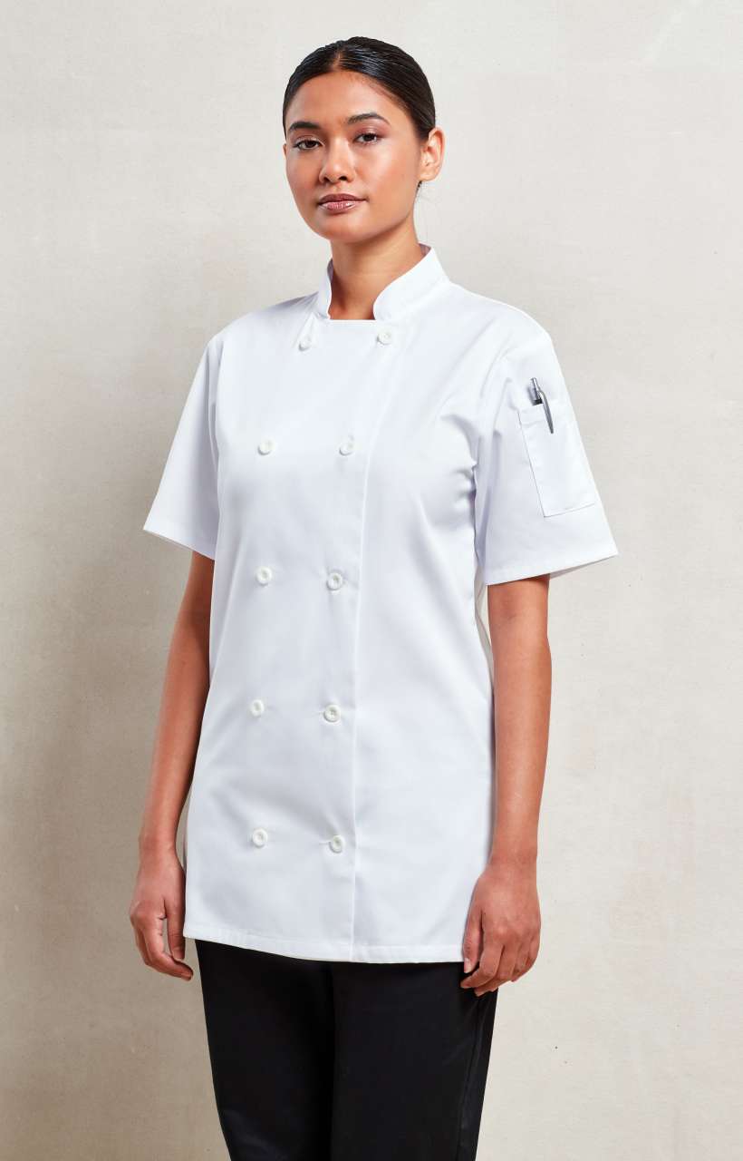 WOMEN'S SHORT SLEEVE CHEF'S JACKET - White - Model