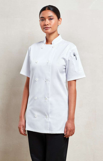 WOMEN'S SHORT SLEEVE CHEF'S JACKET - White - Model