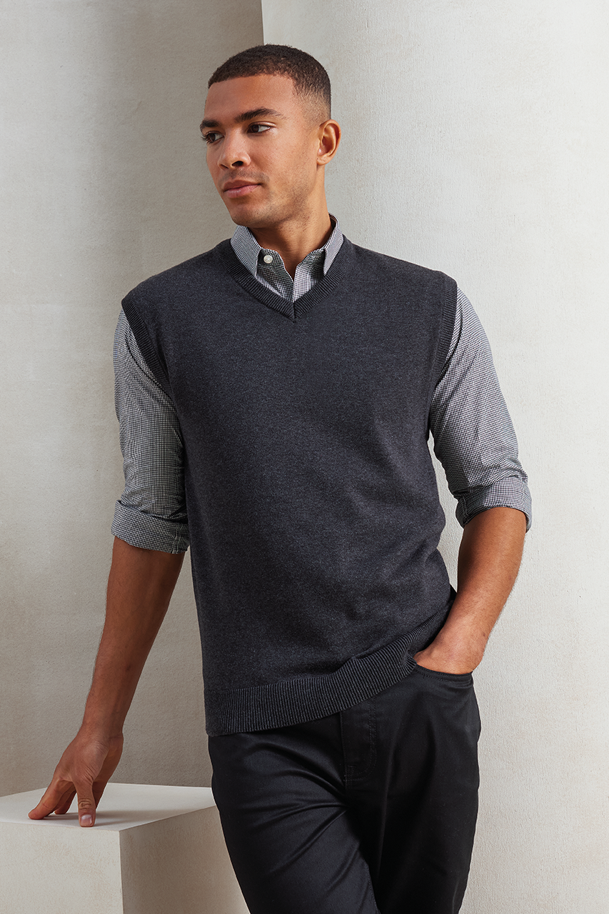 MEN'S V-NECK SLEEVELESS SWEATER - Charcoal - Additional