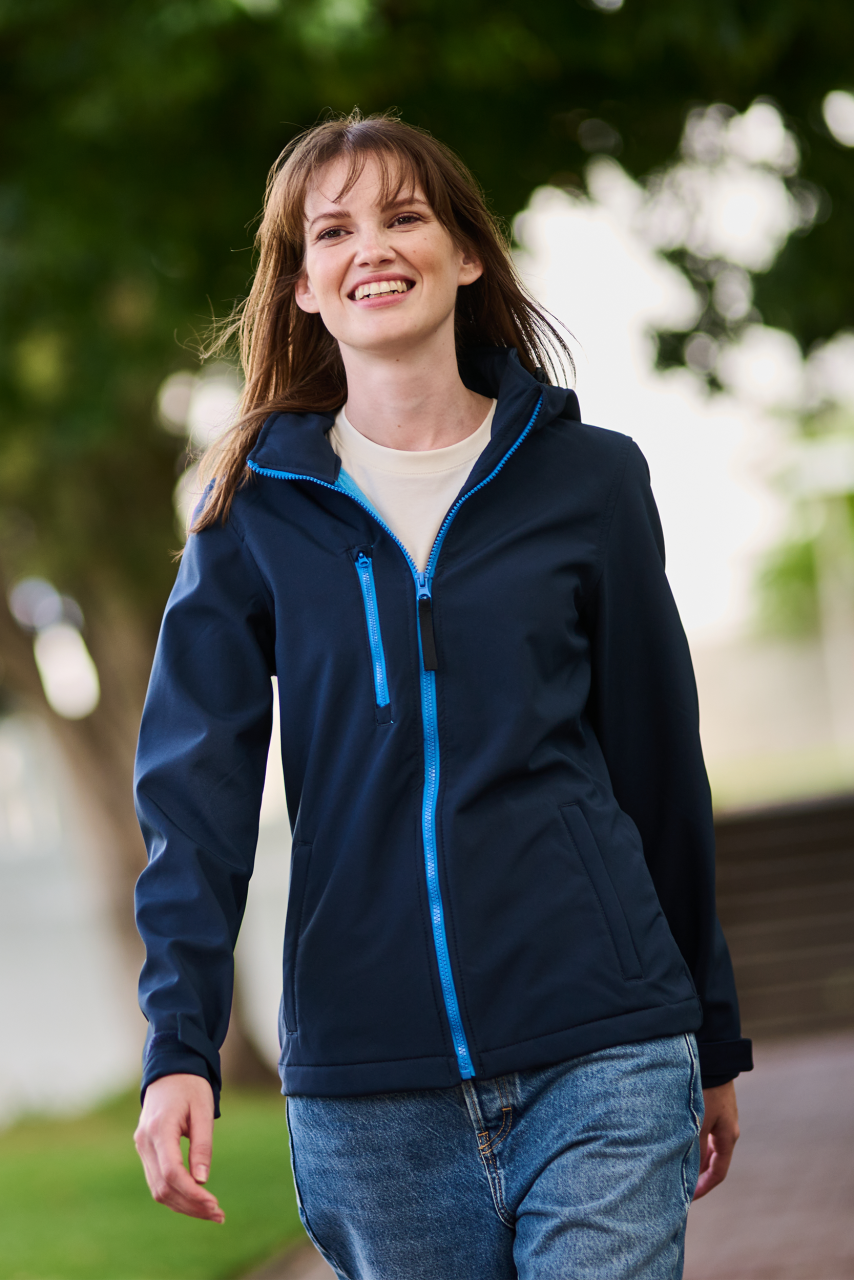 WOMEN'S VENTURER 3 LAYER HOODED PRINTABLE SOFTSHELL JACKET - Black/Black - modelimageurl
