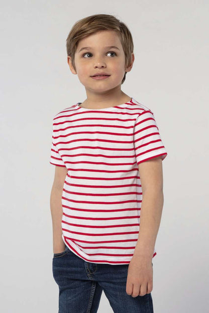 SOL'S MILES KIDS' - ROUND NECK STRIPED T-SHIRT - White/Navy - Model