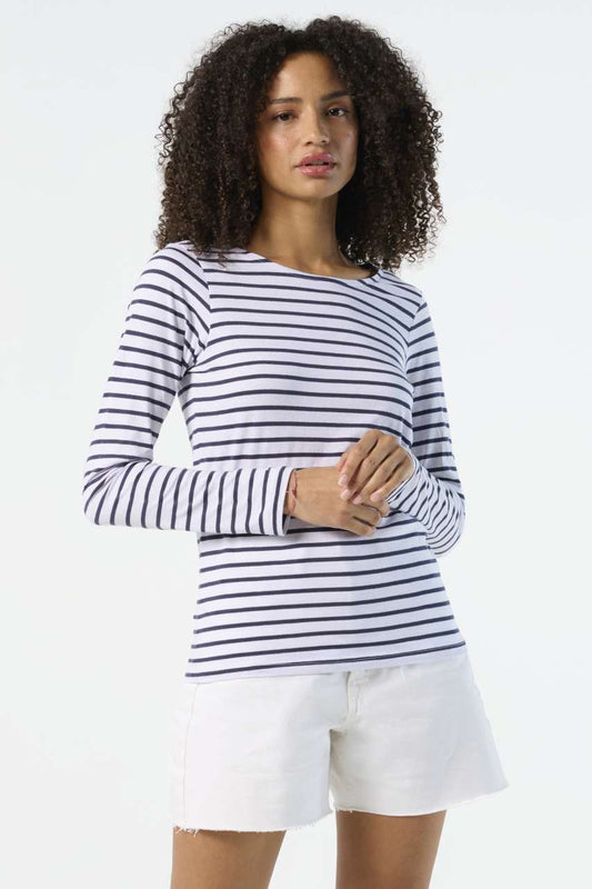 SOL'S MARINE WOMEN - LONG SLEEVE STRIPED T-SHIRT - White/Navy - Model