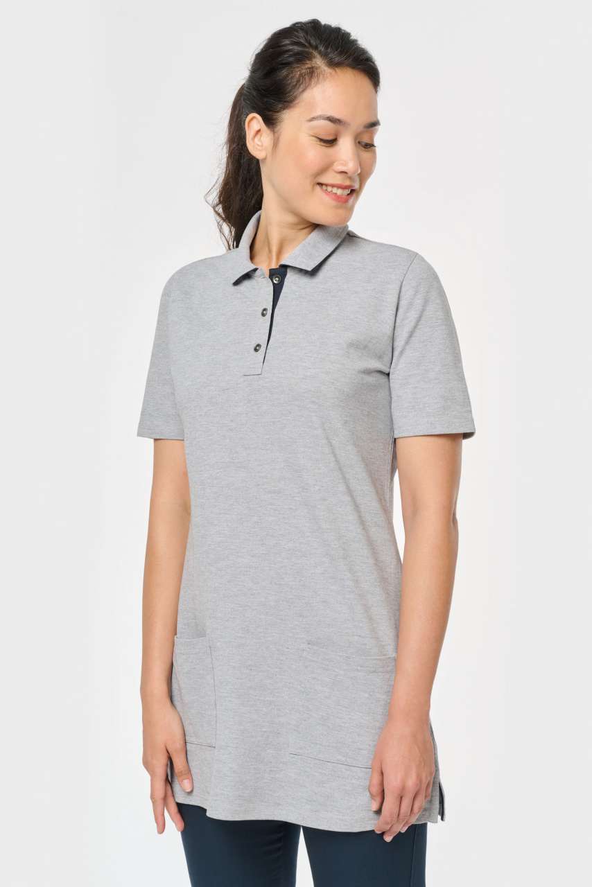 LADIES’ SHORT-SLEEVED LONGLINE POLO SHIRT - Black/Oxford Grey - modelimageurl